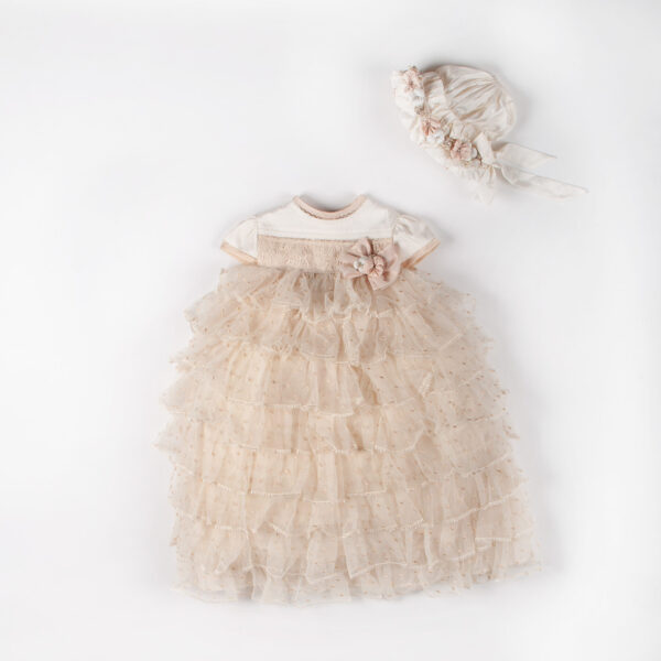 BS4-129 Vestido bautizo niña de olanes y hermoso detalle con lunares