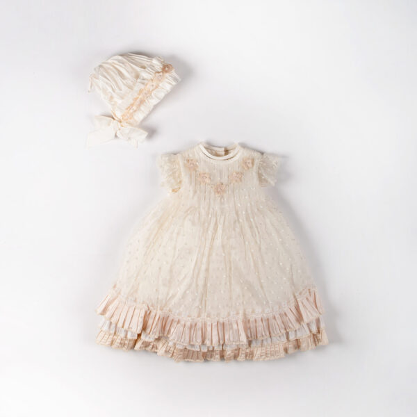 BS4-150 Vestido bautiza niña largo con olanes y detalle con perlas