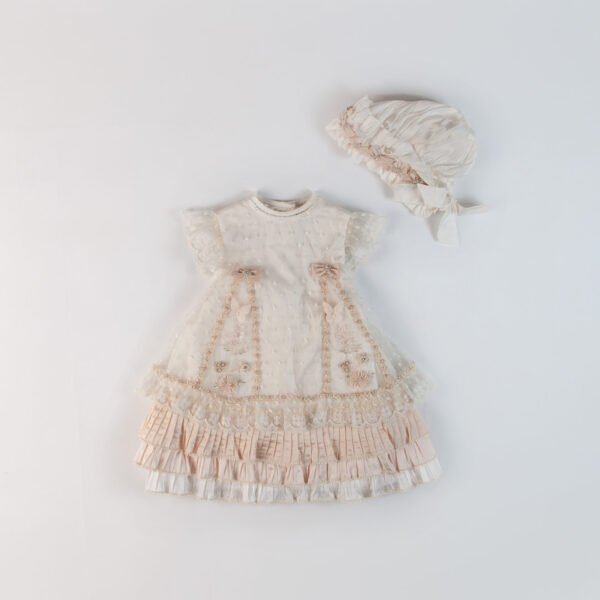 BS4-166 Vestido bautizo niña con detalle de olanes plizados